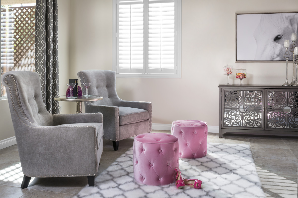 San Jose pink living room with shutters